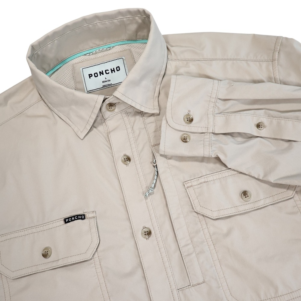 PONCHO Men's L Tan Hey Buddy Slim Fit Performance Long Sleeve Button Up Shirt